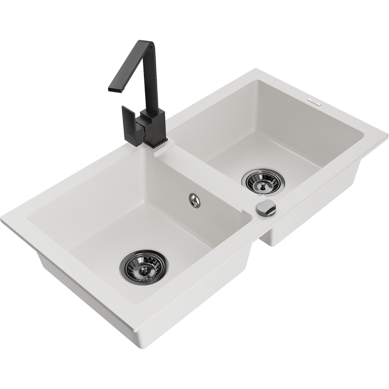 Mexen Mario zlewozmywak granitowy 2-komorowy z baterią kuchenną Rita, biały - 6504-20-670300-70