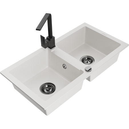Mexen Mario zlewozmywak granitowy 2-komorowy z baterią kuchenną Rita, biały - 6504-20-670300-70