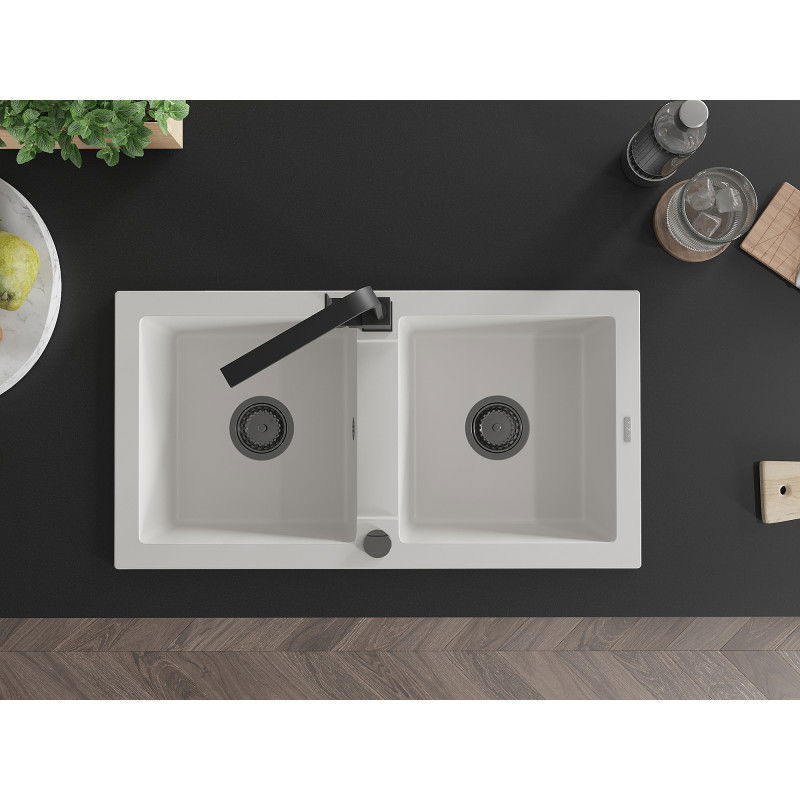 Mexen Mario zlewozmywak granitowy 2-komorowy z baterią kuchenną Rita, biały - 6504-20-670300-70