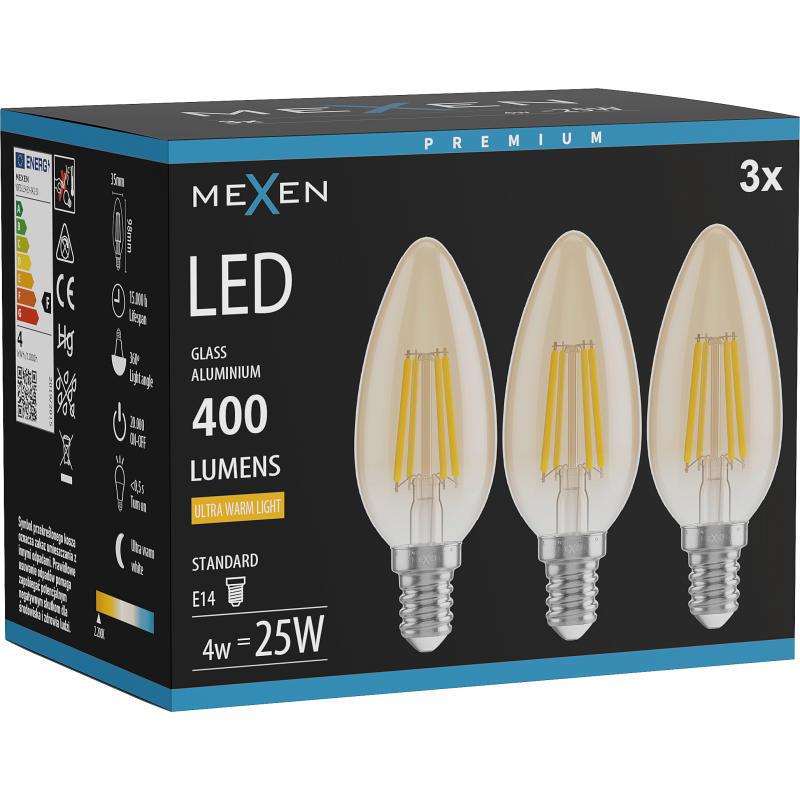 Mexen Vintis 3x żarówka filament LED E14, C35, 4W, Ciepła - 2200K, 400 lm, amber - L154-E14-0422-50x03