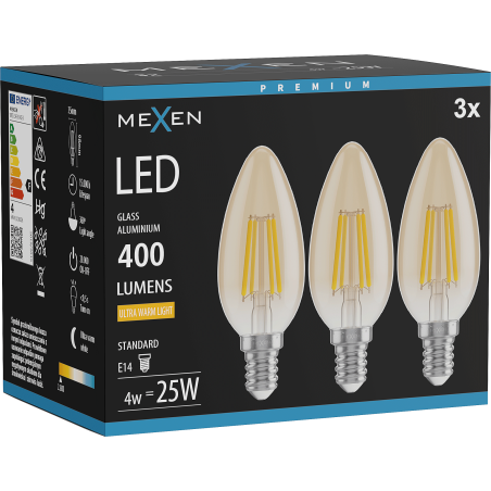 Mexen Vintis 3x żarówka filament LED E14, C35, 4W, Ciepła - 2200K, 400 lm, amber - L154-E14-0422-50x03