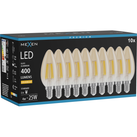 Mexen Vintis 10x żarówka filament LED E14, C35, 4W, Ciepła - 2200K, 400 lm, amber - L154-E14-0422-50x10
