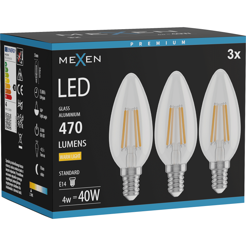 Mexen Vintis 3x żarówka filament LED E14, C35, 4W, Ciepła - 2700K, 470 lm, clear - L154-E14-0427-00x03