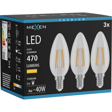 Mexen Vintis 3x żarówka filament LED E14, C35, 4W, Ciepła - 2700K, 470 lm, clear - L154-E14-0427-00x03