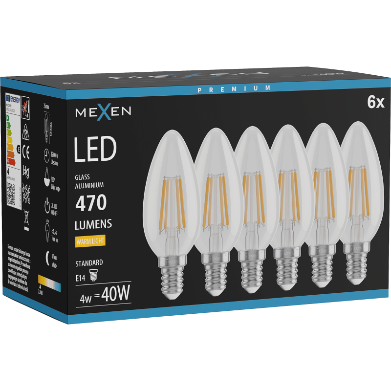 Mexen Vintis 6x żarówka filament LED E14, C35, 4W, Ciepła - 2700K, 470 lm, clear - L154-E14-0427-00x06