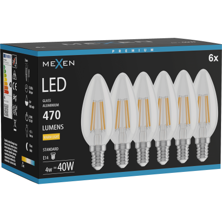 Mexen Vintis 6x żarówka filament LED E14, C35, 4W, Ciepła - 2700K, 470 lm, clear - L154-E14-0427-00x06