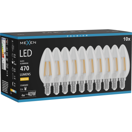 Mexen Vintis 10x żarówka filament LED E14, C35, 4W, Ciepła - 2700K, 470 lm, clear - L154-E14-0427-00x10