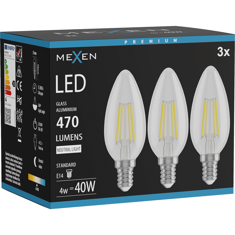 Mexen Vintis 3x żarówka filament LED E14, C35, 4W, Neutralna - 4000K, 470 lm, clear - L154-E14-0427-00x03