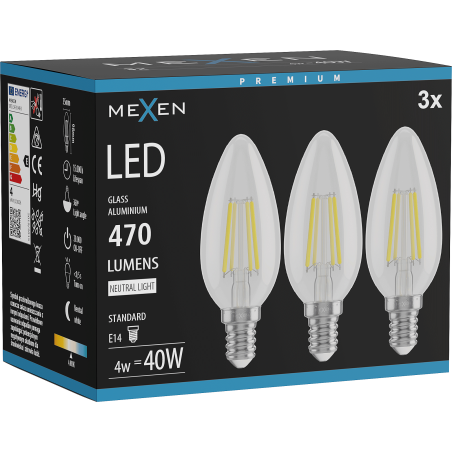 Mexen Vintis 3x żarówka filament LED E14, C35, 4W, Neutralna - 4000K, 470 lm, clear - L154-E14-0427-00x03