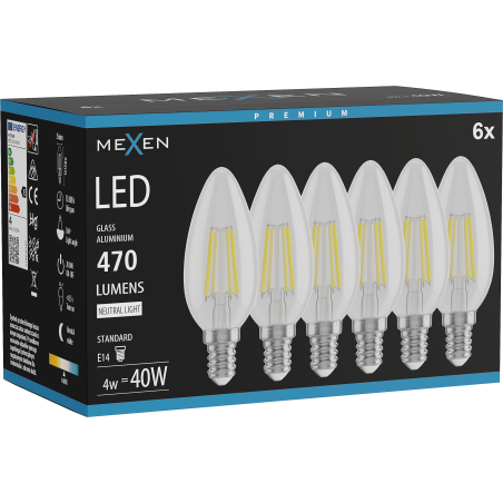 Mexen Vintis 6x żarówka filament LED E14, C35, 4W, Neutralna - 4000K, 470 lm, clear - L154-E14-0427-00x06