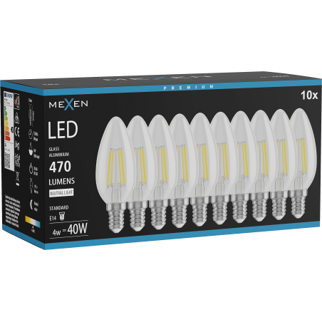 Mexen Vintis 10x żarówka filament LED E14, C35, 4W, Neutralna - 4000K, 470 lm, clear - L154-E14-0427-00x10
