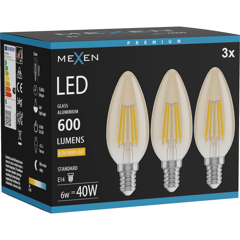 Mexen Vintis 3x żarówka filament LED E14, C35, 6W, Ciepła - 2200K, 600 lm, amber - L154-E14-0622-50x03