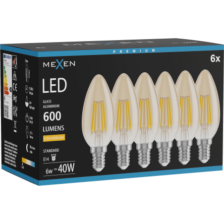 Mexen Vintis 6x żarówka filament LED E14, C35, 6W, Ciepła - 2200K, 600 lm, amber - L154-E14-0622-50x06