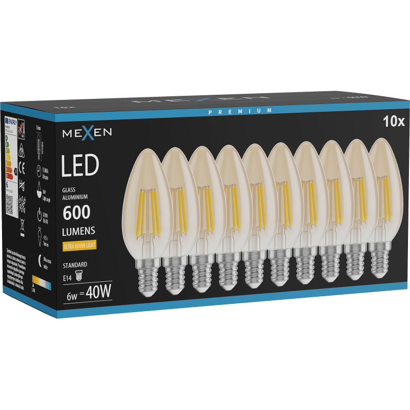 Mexen Vintis 10x żarówka filament LED E14, C35, 6W, Ciepła - 2200K, 600 lm, amber - L154-E14-0622-50x10
