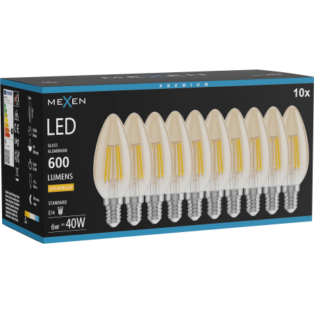 Mexen Vintis 10x żarówka filament LED E14, C35, 6W, Ciepła - 2200K, 600 lm, amber - L154-E14-0622-50x10