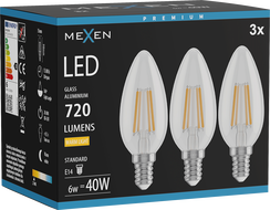 Mexen Vintis 3x żarówka filament LED E14, C35, 6W, Ciepła - 2700K, 720 lm, clear - L154-E14-0627-00x03