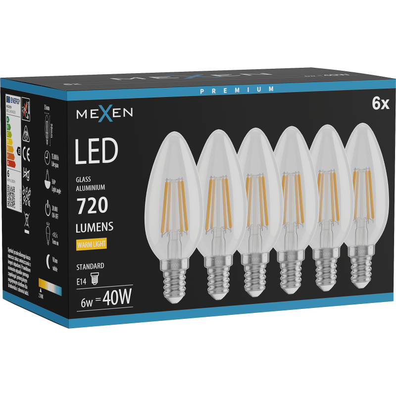 Mexen Vintis 6x żarówka filament LED E14, C35, 6W, Ciepła - 2700K, 720 lm, clear - L154-E14-0627-00x06