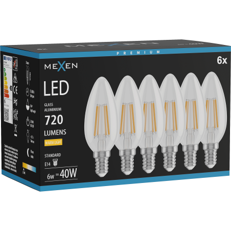 Mexen Vintis 6x żarówka filament LED E14, C35, 6W, Ciepła - 2700K, 720 lm, clear - L154-E14-0627-00x06