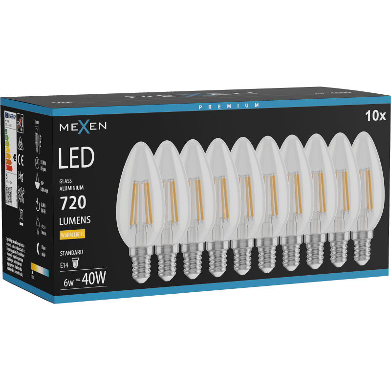 Mexen Vintis 10x żarówka filament LED E14, C35, 6W, Ciepła - 2700K, 720 lm, clear - L154-E14-0627-00x10