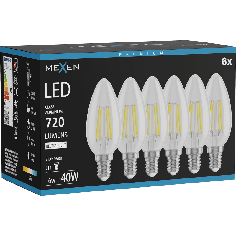 Mexen Vintis 6x żarówka filament LED E14, C35, 6W, Neutralna - 4000K, 720 lm, clear - L154-E14-0640-00x06