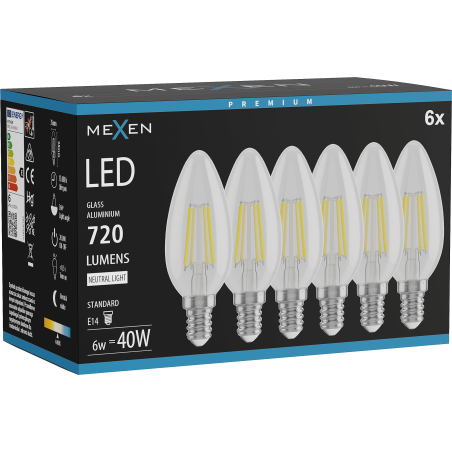 Mexen Vintis 6x żarówka filament LED E14, C35, 6W, Neutralna - 4000K, 720 lm, clear - L154-E14-0640-00x06