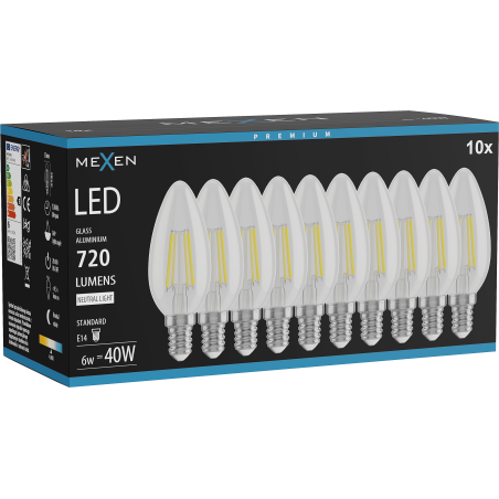 Mexen Vintis 10x żarówka filament LED E14, C35, 6W, Neutralna - 4000K, 720 lm, clear - L154-E14-0640-00x10