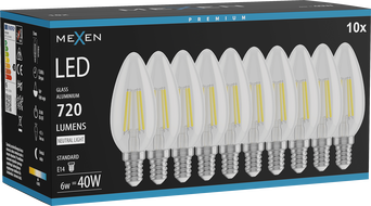 Mexen Vintis 10x żarówka filament LED E14, C35, 6W, Neutralna - 4000K, 720 lm, clear - L154-E14-0640-00x10