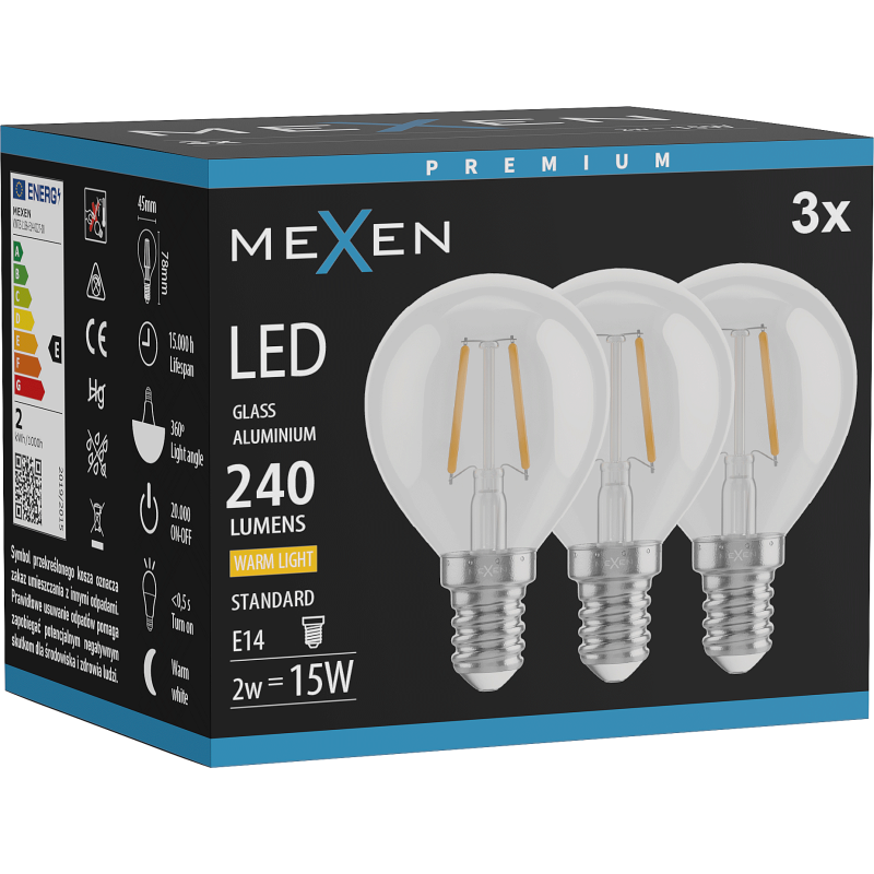Mexen Vintis 3x żarówka filament LED E14, G45, 2W, Ciepła - 2700K, 240 lm, clear - L156-E14-0227-00x03