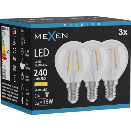 Mexen Vintis 3x żarówka filament LED E14, G45, 2W, Ciepła - 2700K, 240 lm, clear - L156-E14-0227-00x03