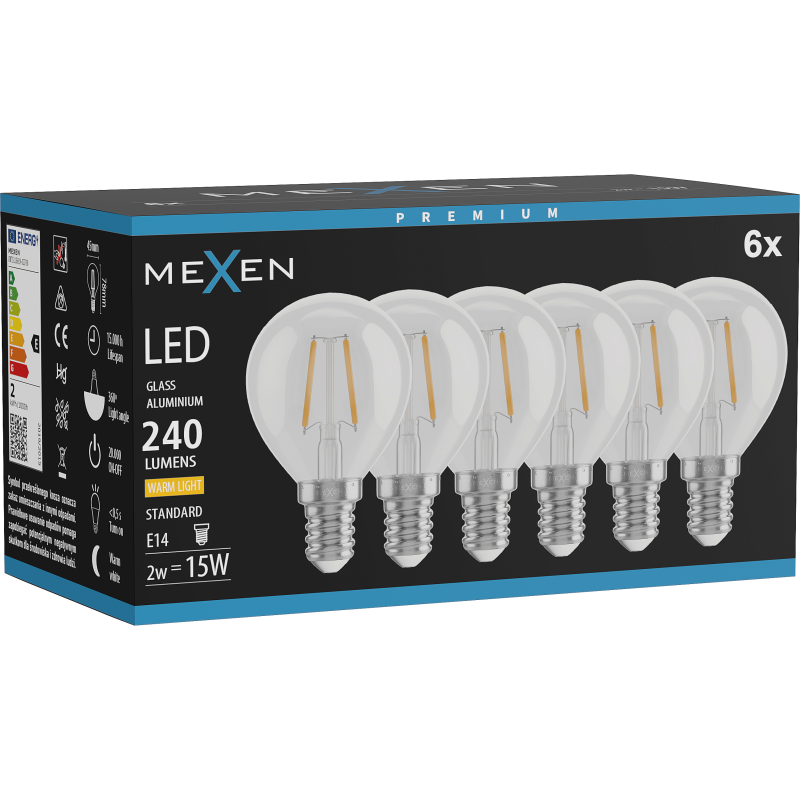 Mexen Vintis 6x żarówka filament LED E14, G45, 2W, Ciepła - 2700K, 240 lm, clear - L156-E14-0227-00x06