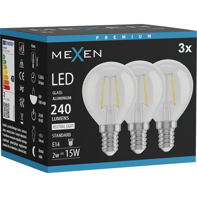 Mexen Vintis 3x żarówka filament LED E14, G45, 2W, Neutralna - 4000K, 240 lm, clear - L156-E14-0240-00x03
