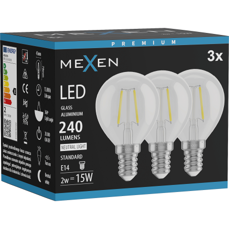 Mexen Vintis 3x żarówka filament LED E14, G45, 2W, Neutralna - 4000K, 240 lm, clear - L156-E14-0240-00x03