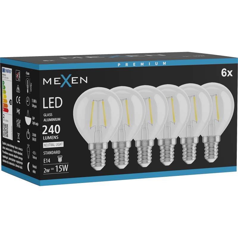 Mexen Vintis 6x żarówka filament LED E14, G45, 2W, Neutralna - 4000K, 240 lm, clear - L156-E14-0240-00x06