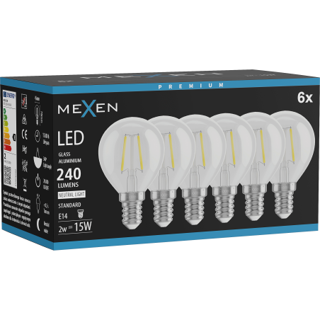Mexen Vintis 6x żarówka filament LED E14, G45, 2W, Neutralna - 4000K, 240 lm, clear - L156-E14-0240-00x06
