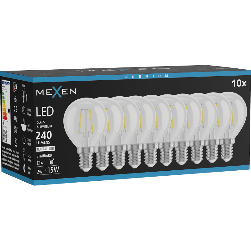 Mexen Vintis 10x żarówka filament LED E14, G45, 2W, Neutralna - 4000K, 240 lm, clear - L156-E14-0240-00x10