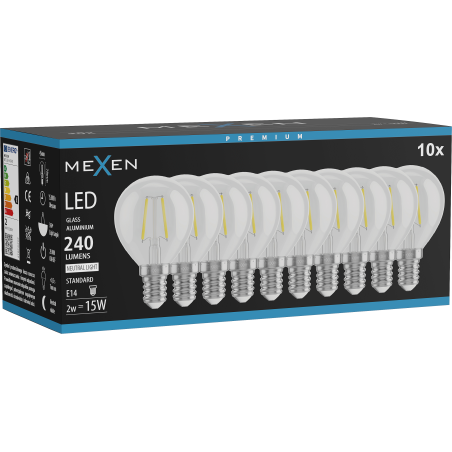 Mexen Vintis 10x żarówka filament LED E14, G45, 2W, Neutralna - 4000K, 240 lm, clear - L156-E14-0240-00x10