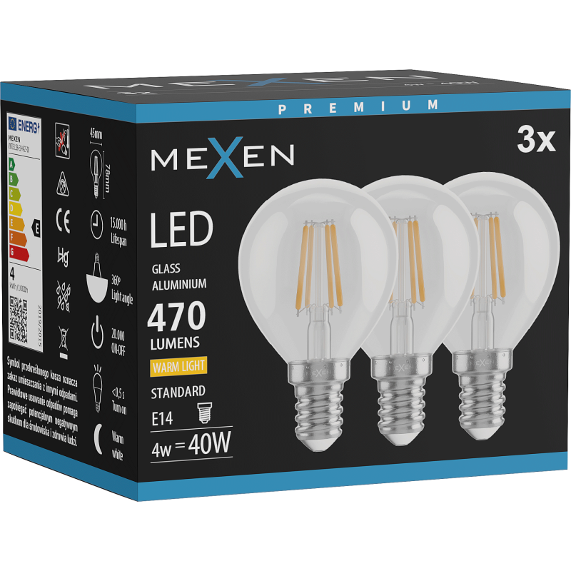 Mexen Vintis 3x żarówka filament LED E14, G45, 4W, Ciepła - 2700K, 470 lm, clear - L156-E14-0427-00x03