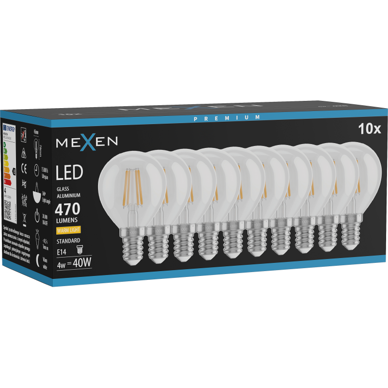 Mexen Vintis 10x żarówka filament LED E14, G45, 4W, Ciepła - 2700K, 470 lm, clear - L156-E14-0427-00x10