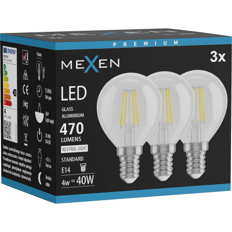 Mexen Vintis 3x żarówka filament LED E14, G45, 4W, Neutralna - 4000K, 470 lm, clear - L156-E14-0427-00x03