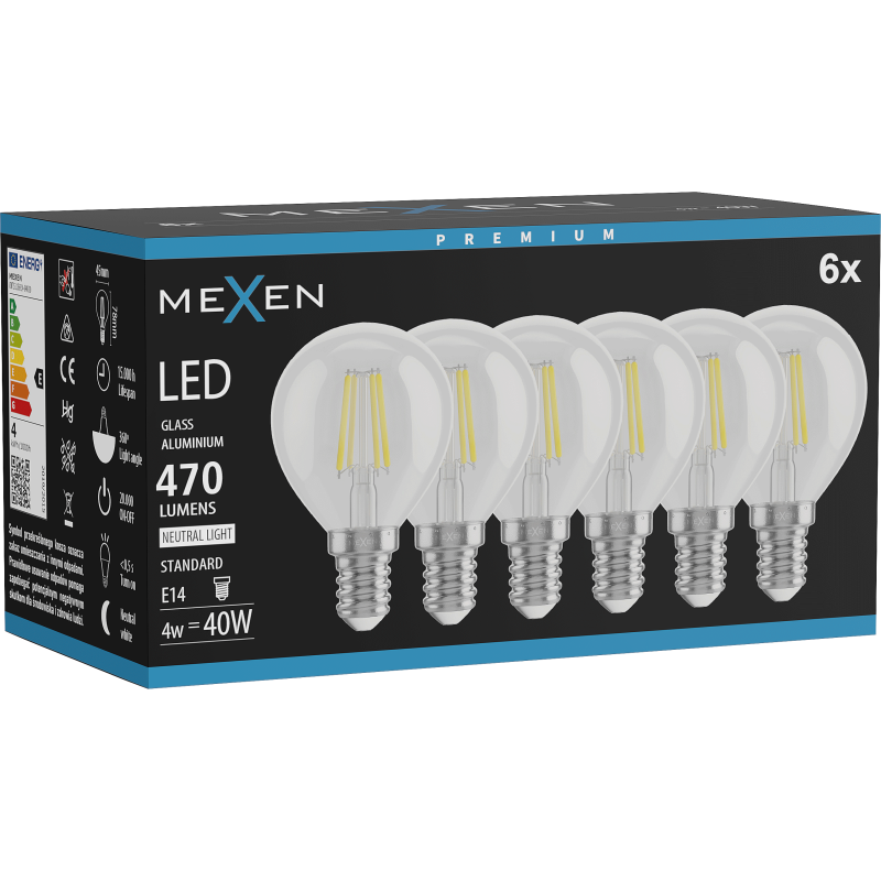 Mexen Vintis 6x żarówka filament LED E14, G45, 4W, Neutralna - 4000K, 470 lm, clear - L156-E14-0427-00x06