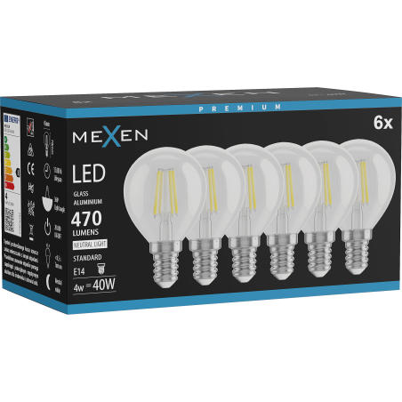 Mexen Vintis 6x żarówka filament LED E14, G45, 4W, Neutralna - 4000K, 470 lm, clear - L156-E14-0427-00x06