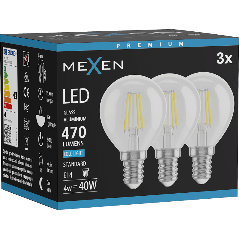 Mexen Vintis 3x żarówka filament LED E14, G45, 4W, Zimna - 6500K, 470 lm, clear - L156-E14-0465-00x03