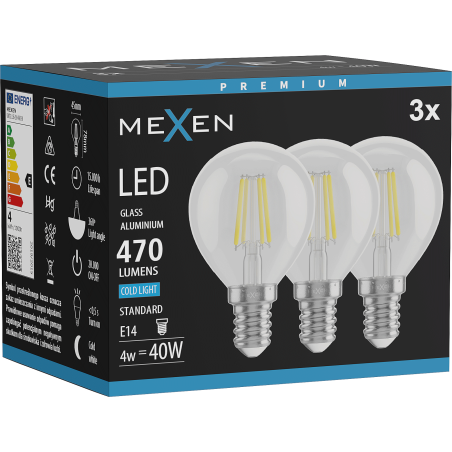 Mexen Vintis 3x żarówka filament LED E14, G45, 4W, Zimna - 6500K, 470 lm, clear - L156-E14-0465-00x03
