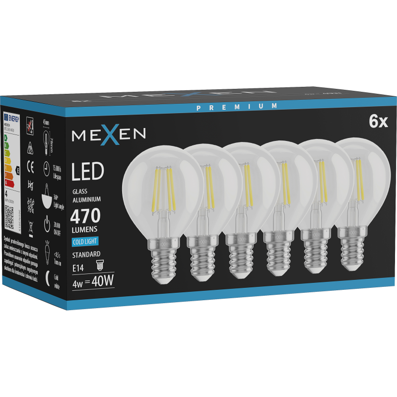 Mexen Vintis 6x żarówka filament LED E14, G45, 4W, Zimna - 6500K, 470 lm, clear - L156-E14-0465-00x06