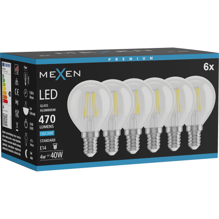Mexen Vintis 6x żarówka filament LED E14, G45, 4W, Zimna - 6500K, 470 lm, clear - L156-E14-0465-00x06