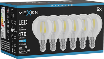 Mexen Vintis 6x żarówka filament LED E14, G45, 4W, Zimna - 6500K, 470 lm, clear - L156-E14-0465-00x06