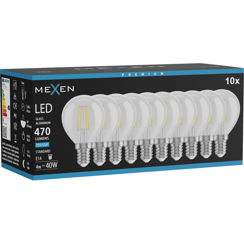 Mexen Vintis 10x żarówka filament LED E14, G45, 4W, Zimna - 6500K, 470 lm, clear - L156-E14-0465-00x10