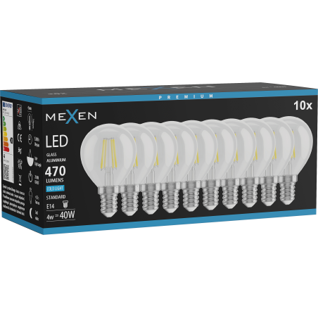 Mexen Vintis 10x żarówka filament LED E14, G45, 4W, Zimna - 6500K, 470 lm, clear - L156-E14-0465-00x10