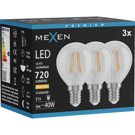 Mexen Vintis 3x żarówka filament LED E14, G45, 6W, Ciepła - 2700K, 720 lm, clear - L156-E14-0627-00x03