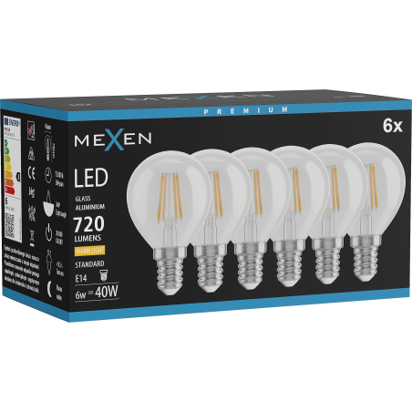 Mexen Vintis 6x żarówka filament LED E14, G45, 6W, Ciepła - 2700K, 720 lm, clear - L156-E14-0627-00x06